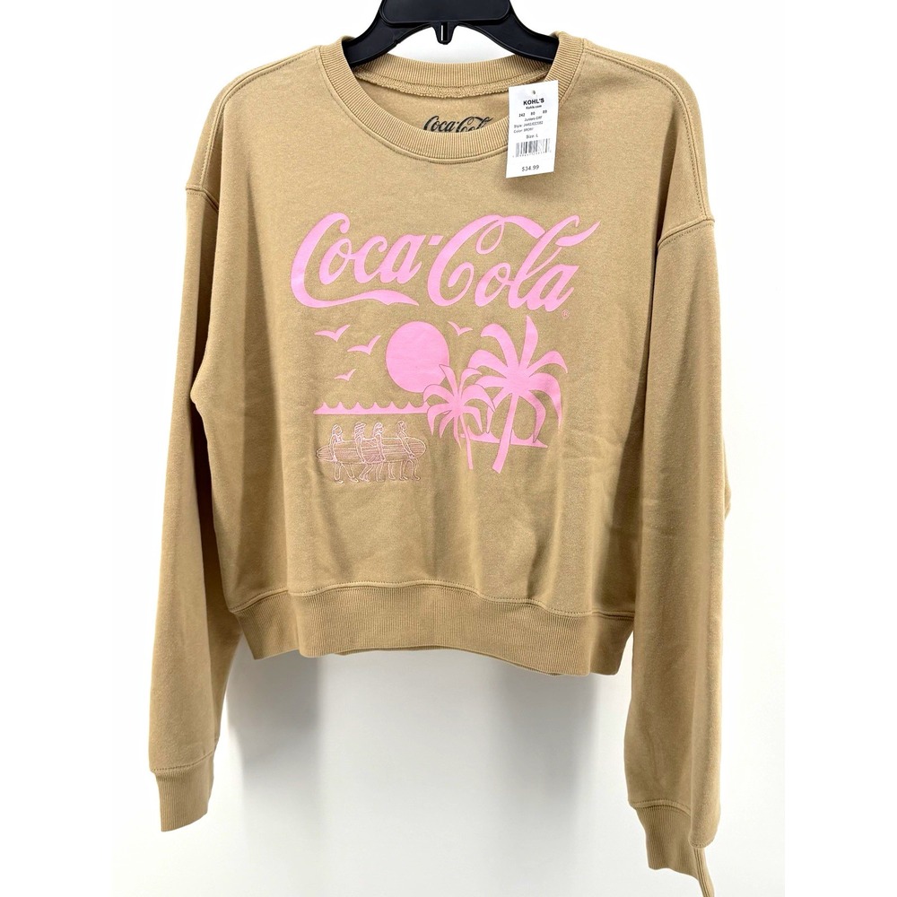 Coca-Cola Juniors L Brown/Pink Logo Graphic Crewneck Fleece Raglan Sweatshirt
